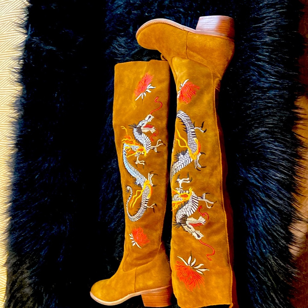 Sheryl Crow Dragon embroidered suede over the knee boots. New - never worn.